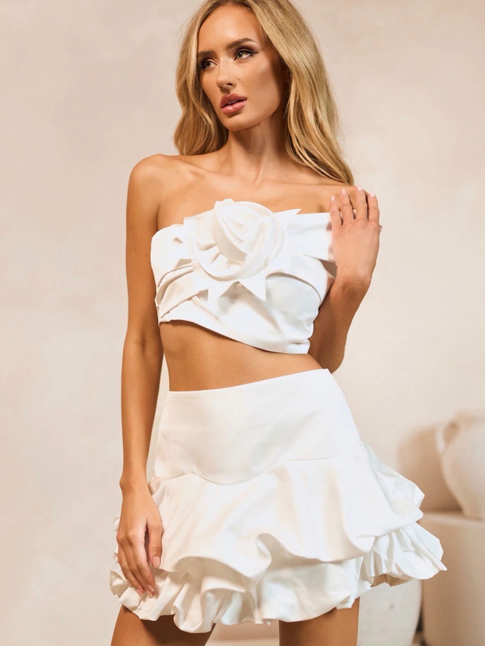 White Ruffle Two-Piece Skirt Set with Floral Bandeau